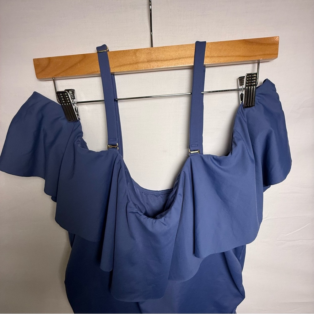 La Blanca Island Goddess Off Shoulder Ruffle One Piece Swimsuit Indigo 20W New - Picture 5 of 14